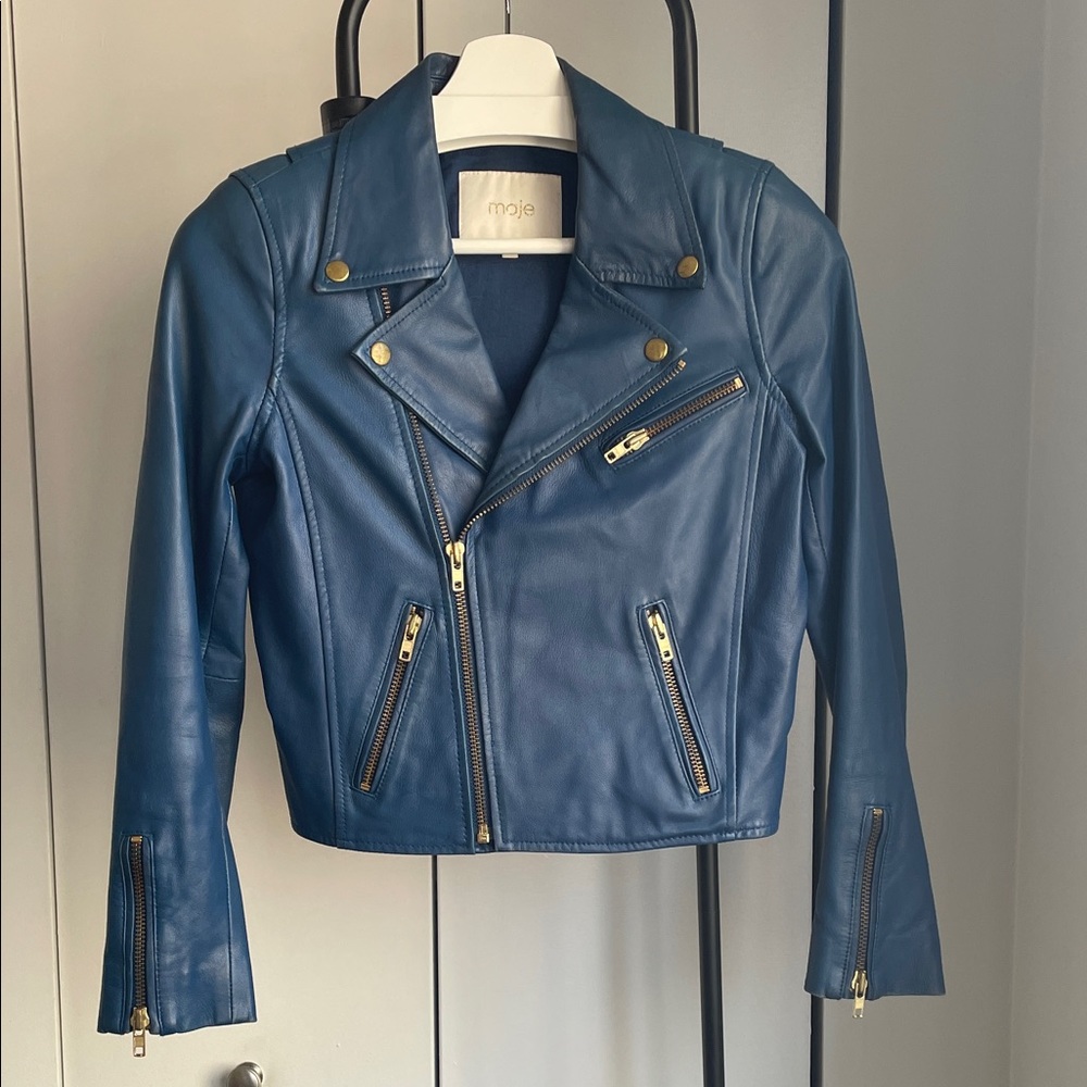 Maje 100% Leather Biker Jacket with Gold Accents in Blue size 36